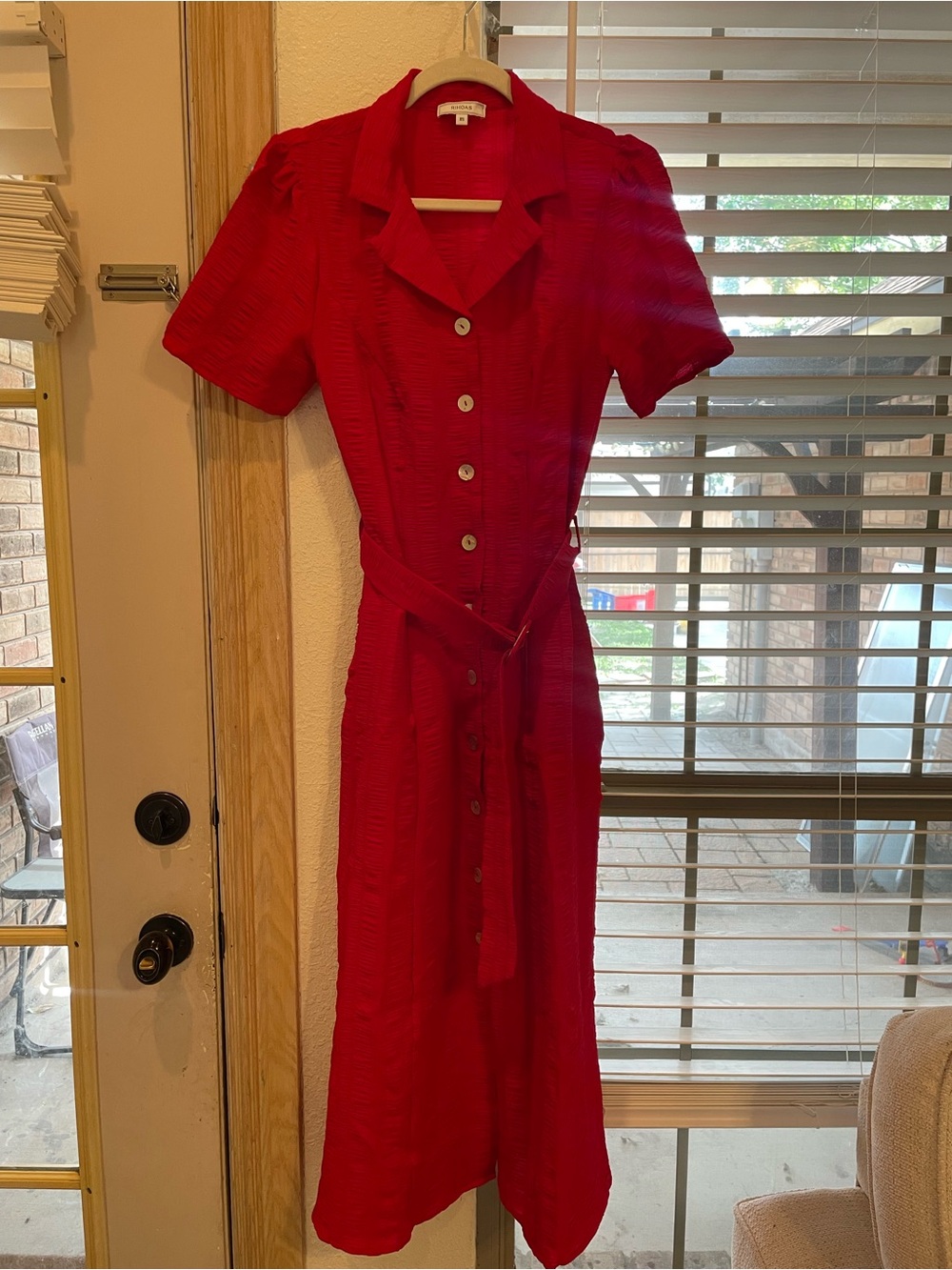 Brookstone Red Button-Front Midi Dress with Tie Belt